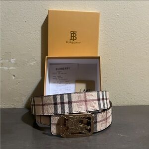 Burberry Beige Plaid Belt with Gold Emblem